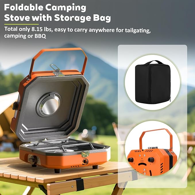 Adjustable 2 Burner Propane Camping Stove With Grill and Carry Bag, 16,000 BTU Foldable Camp Stove, Flame-out Protection, Camping Stove for BBQ/Tailgating, Orange
