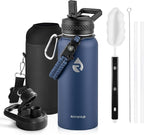 Insulated Water Bottle 32 oz, Triple Wall Vacuum Stainless Steel (Cold for 48 Hrs), Leak Proof & Non-BPA, Modern Water Flask Jug with Paracord Handle & Straw Spout Lids, Navy Blue