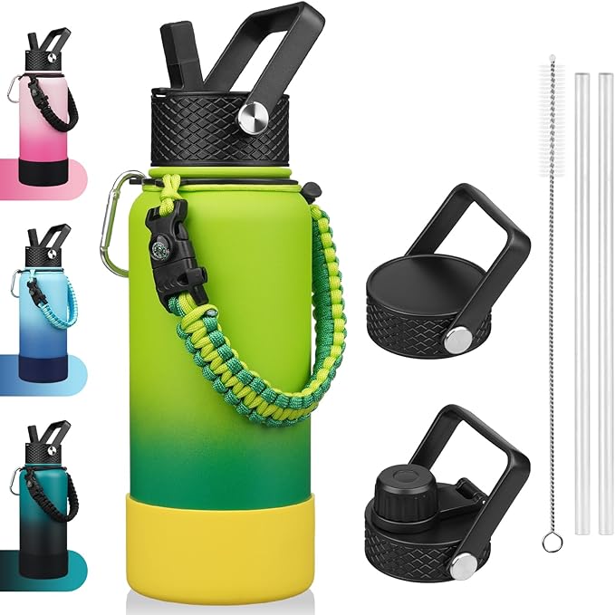 BJPKPK 32oz Insulated Water Bottles with 3 Lids, Paracord Handle & Non-slip Boot, Stainless Steel Metal Water Bottle,Reusable BPA Free Thermo, Tumblers, Bamboo Grove
