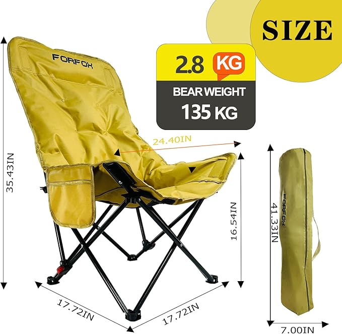 Adjustable Portable Folding Camping Chair with High Back, Side Pockets, Headrest, Lightweight Lawn Chair for Outdoor Camping, Beach, Leisure and Adults (Khaki Cotton Thickened)
