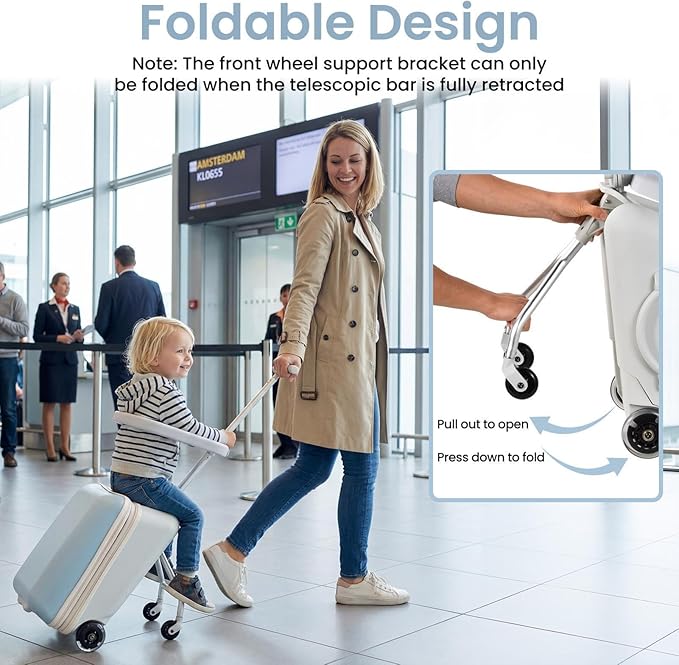 Kids Ride On Suitcase 20” Ride On Luggage with Expandable Zipper & Wheel Brake Ergonomic Seat & 110 Lbs Weight Capacity for Kids 3+ Blue