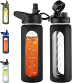 CIVAGO 24 oz Glass Water Bottle with Straw and Handle, Large Sports Motivational Water Bottle Flask with Time Marker and 2 Lids, Leakproof Jug Canteen with Silicone Sleeve for Gym, Black