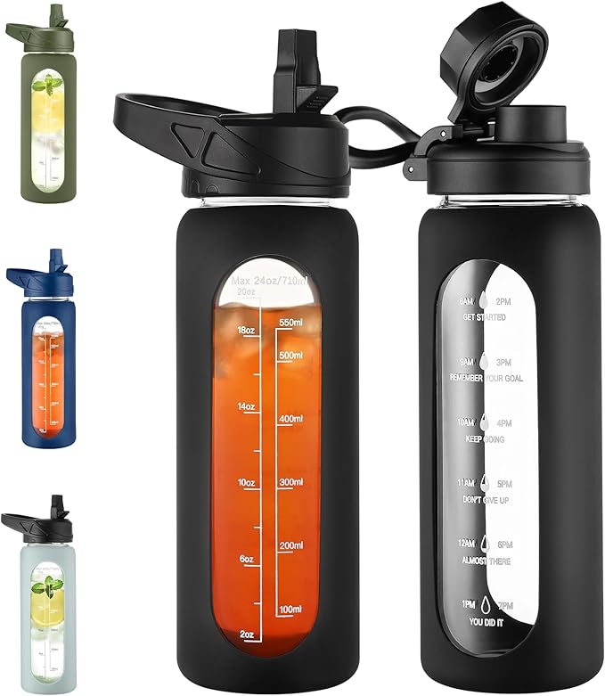 CIVAGO 24 oz Glass Water Bottle with Straw and Handle, Large Sports Motivational Water Bottle Flask with Time Marker and 2 Lids, Leakproof Jug Canteen with Silicone Sleeve for Gym, Black