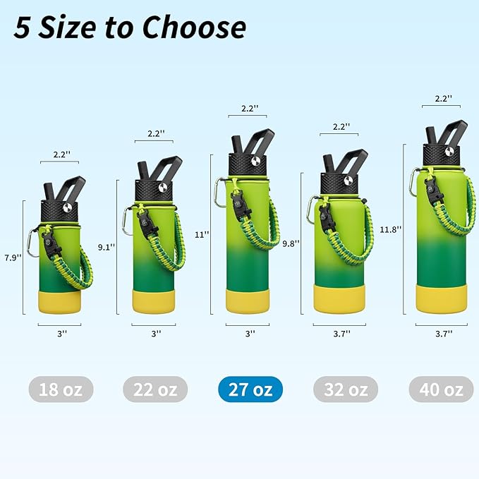 BJPKPK 27oz Insulated Water Bottles with 3 Lids, Paracord Handle & Non-slip Boot,Metal Water Bottle with Straw, BPA Free Leak Proof Thermo, Tumblers,Bamboo Grove