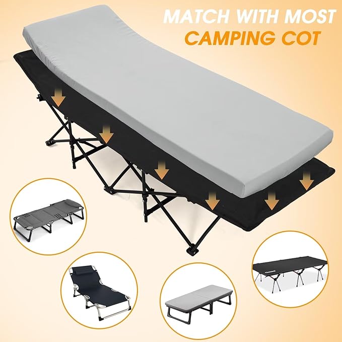 CYMULA Camping Cot Mattress 2in Memory Foam Sleeping Pad,Soft Warm Non-Slip Camping Mattress Topper with Retaining for Adults,Portable Roll up Pad for Travel(75 x30)（only Mattress）