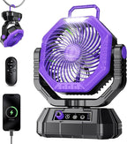 AJVV Camping Fan Rechargeable, Battery Powered Fan With Remote Controller, LED Light, Dual Motors, Stepless Speed, 45°/90°/270° Swing,Timer, Portable fan For Travel/Tent/Beach/Fishing,Violet