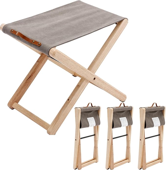 Folding Canvas Camp Stools Set of 4, Wood Folding Camping Stool Patio Portable Foot Stool for Garden Outdoor Fishing Picnic Travel BBQ, Grey