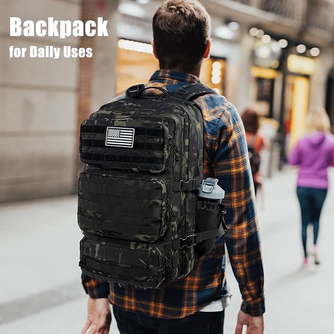 Military Tactical Backpack 25L Day Backpack for Men Molle Army 3 Days Assault Pack Bug Out Bag Water Resistant and Heavy Duty Hiking Treeking Rucksack - Black Camo