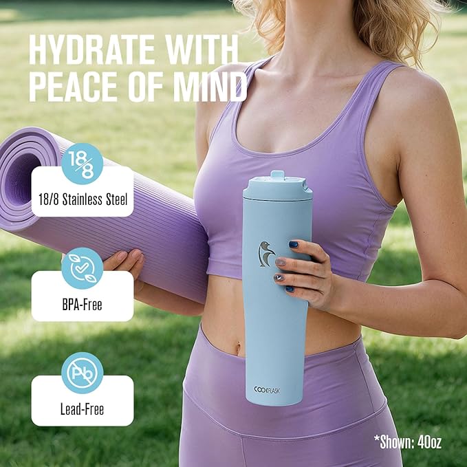 Coolflask Water Bottle 32 oz Fits Car Cup Holder, Slim Tumbler Stainless Steel with Straw & Handle, Vacuum Flask Leakproof Wide Mouth for Travel Sports Gym, Blue