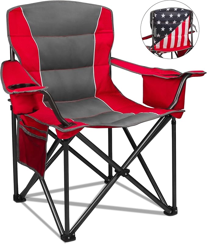 Colorsoul Oversized Folding Camping Chair, Outdoor Padded Camping Chair Support 300 LBS with Cup Holder and Cooler Bag, Portable Lawn Chair for Beach Picnic Sports, (Red)