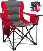 Colorsoul Oversized Folding Camping Chair, Outdoor Padded Camping Chair Support 300 LBS with Cup Holder and Cooler Bag, Portable Lawn Chair for Beach Picnic Sports, (Red)