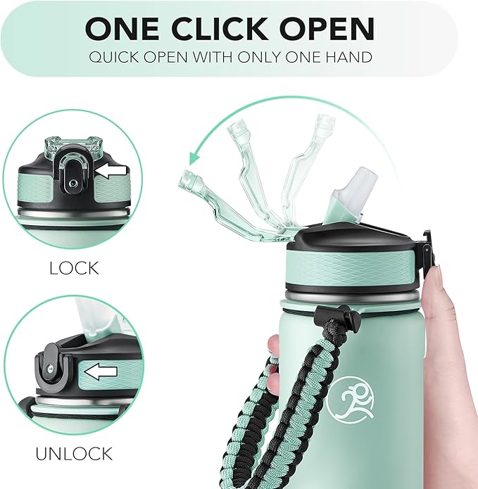 GOSWAG Insulated Sports Water Bottle, 24oz 2 Lids(with Straw/No Straw), Stainless Steel Water Bottles with Paracord Handle, Insulated Bottle with Double-Wall Vacuum Insulation