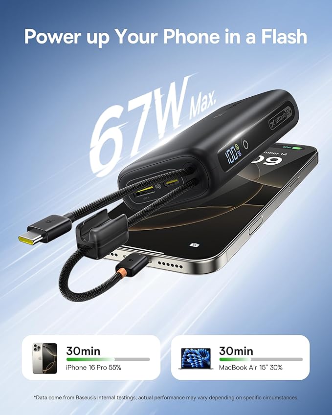 Baseus Mini Power Bank Fast Charging 67W, 10000mAh Small Portable Phone Charger Built-in Dual USB C Braided Cable, Travel Essential Battery Pack for iPhone 17/16/15, iPad, Samsung Galaxy S25/S24 etc.