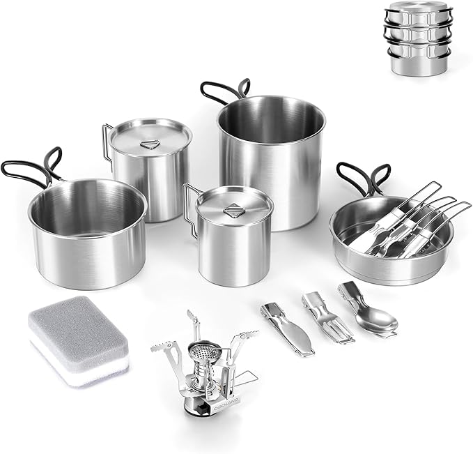 Odoland 13pcs Stainless Steel Camping Cookware Camping Pots and Pan Set with Portable Camping Stove Camping Mess Kit with Cups Forks Knives Spoons for Hiking Backpacking and Picnic