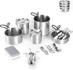 Odoland 13pcs Stainless Steel Camping Cookware Camping Pots and Pan Set with Portable Camping Stove Camping Mess Kit with Cups Forks Knives Spoons for Hiking Backpacking and Picnic