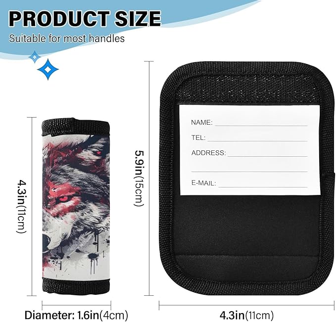 Qilmy Red Eyed Wolf Luggage Handle Wrap 2Pack Luggage Identifiers Tag Comfort Handle Grips Cover for Stroller Suitcase Bag Airplane Travel Accessories1532