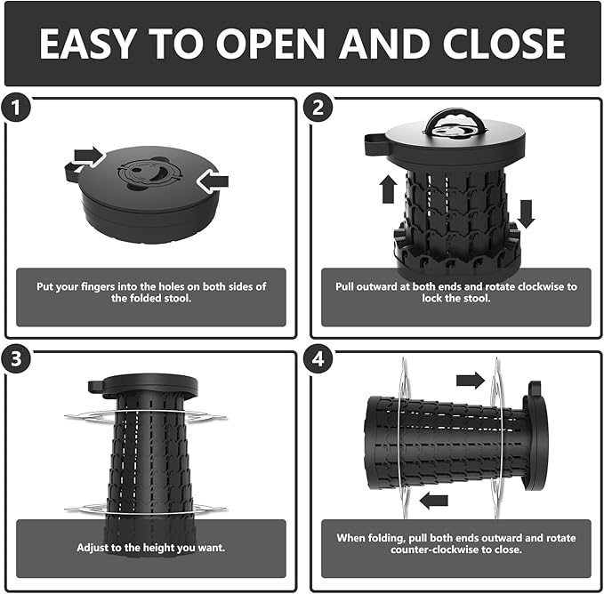 Upgraded Collapsible Stool with Max Load Capacity 330lbs Portable Telescoping & Folding Design Retractable Seat for Camping, Gardening, Fishing & Outdoor Adventures (Black)