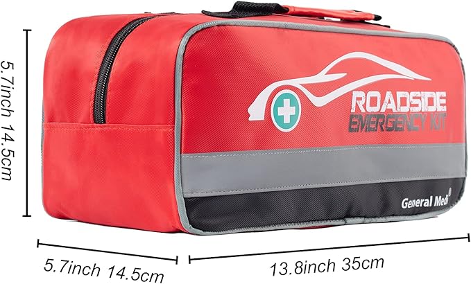 General Medi 127-Pieces Roadside Car Emergency Kit Include Mini First Aid Kit, Jumper Cables,Tow Rope, Bandage, Safety Vest, Emergency Triangle, All in One Pack