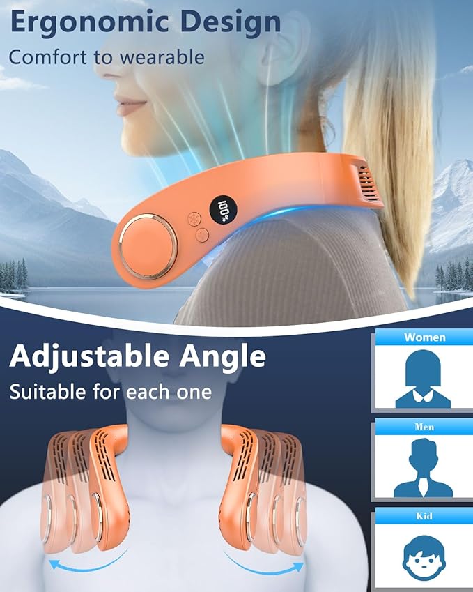 Neck Fan Rechargeable,Portable Neck Fans that Blow Cold Air,Ice Piece of Metal Cool Plates AC Condition,Bladless Coldest Wear USB C Charger Adjustable Breezers Tool for Travel Camping Outdoor Orange