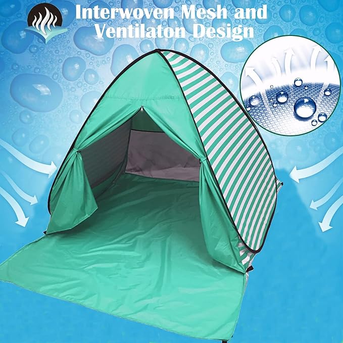 Pop Up Beach Tent Shade Sun Shelter UPF 50+ Canopy Cabana 2-3 Person for Adults Baby Kids Outdoor Activities Camping Fishing Hiking Picnic Touring (Lake Green Stripes)