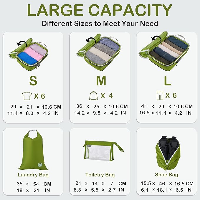 Cipway Compression Packing Cubes, Lightweight Travel Luggage Organizers with Shoe Bag, Toiletry Bag & Laundry Bag, Travel Essentials for Carry on Suitcase (8 Piece,Green)
