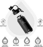 IDEUS Insulated Stainless Steel Water Bottle with 2 Leak-Proof Lids, Thermal Water Flask for Hiking Biking, 32oz, Black