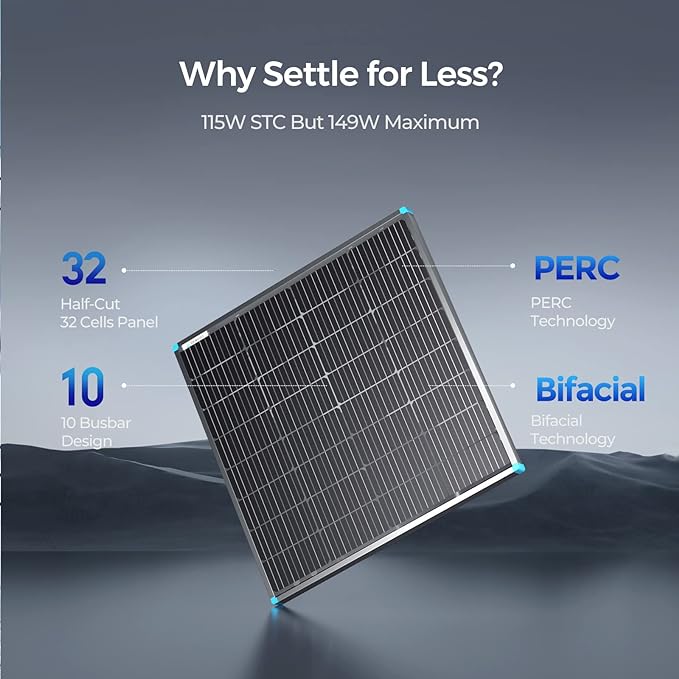 Renogy Bifacial 115 Watt 12 Volt Solar Panel Monocrystalline Rigid High-Efficiency PV Module Power Charger for RV Marine Rooftop Farm Battery and Other Off-Grid Applications