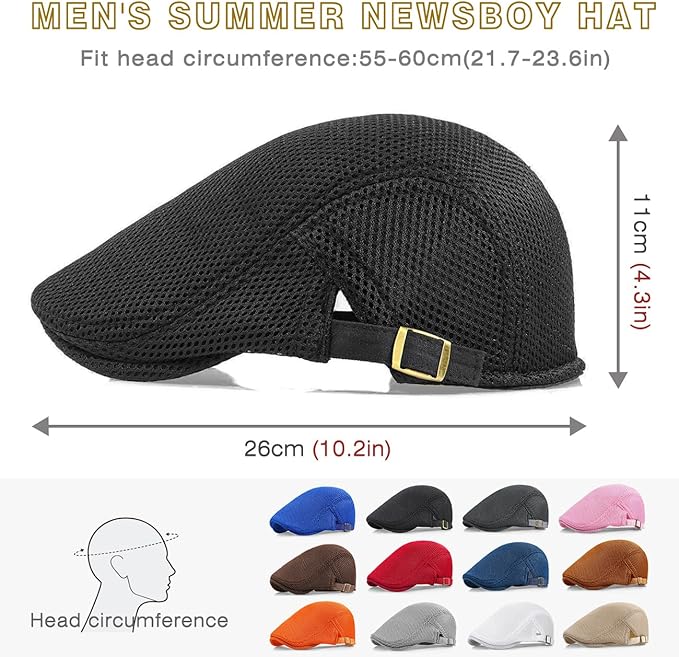 2 Pack Men's Mesh Cap Breathable Summer Newsboy Hat Adjustable Beret Ivy Cap Irish Cabbie Driving Hunting Hats