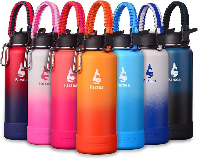 Farsea Insulated Water Bottle With Paracord Handle, Protective Silicone Boot and 2 Lids (Straw Lid & Spout Lid), Stainless Steel Water Bottle Wide Mouth, Double Wall Sweat-Proof BPA-Free, 40 oz