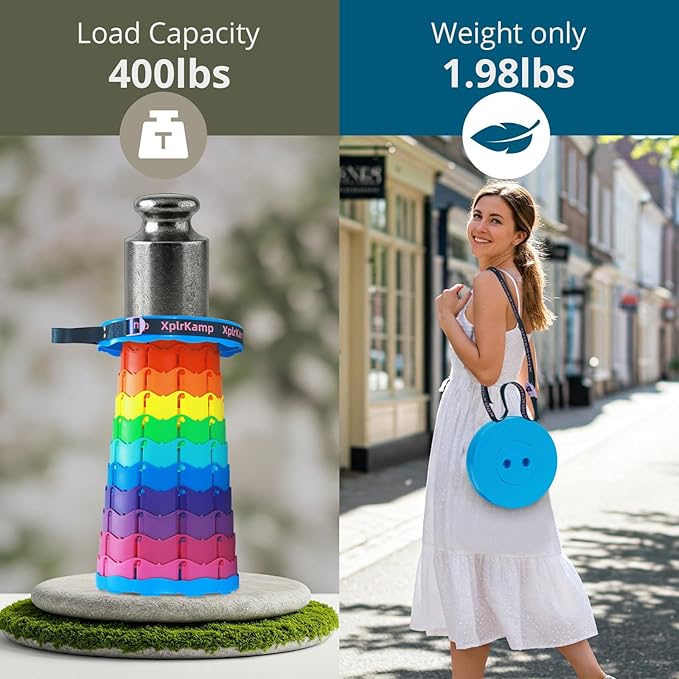 Retractable Folding Stool - Heavy Duty 400 lb Collapsible Portable Stool for Camping, Hiking, Fishing, Indoor/Outdoor with Non-Slip Base and Lightweight Design (Rainbow, 1-Pack)