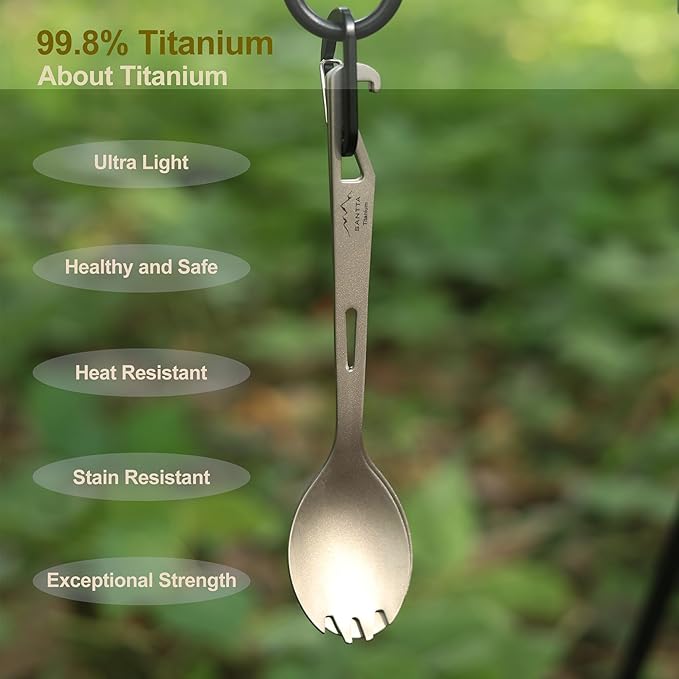 SANTTA Titanium Camping Spork Set of 2 Piece, Spoon Fork and Bottle Opener 3 in 1, Ultra light Multifunctional Ti Utensils with Storage Bag for Camping Backpacking Hiking Fishing Picnic and Travel