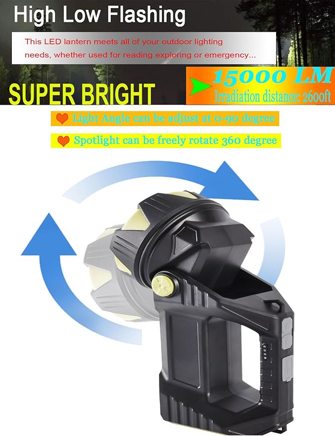 LED Handheld Lantern Searchlights, 15000LM 8 Modes Rechargeable LED Flashlights Spotlight, Outdoors Camping Hunting Lamp Portable Work Light Tail Lights for Indoor Outdoor Emergency