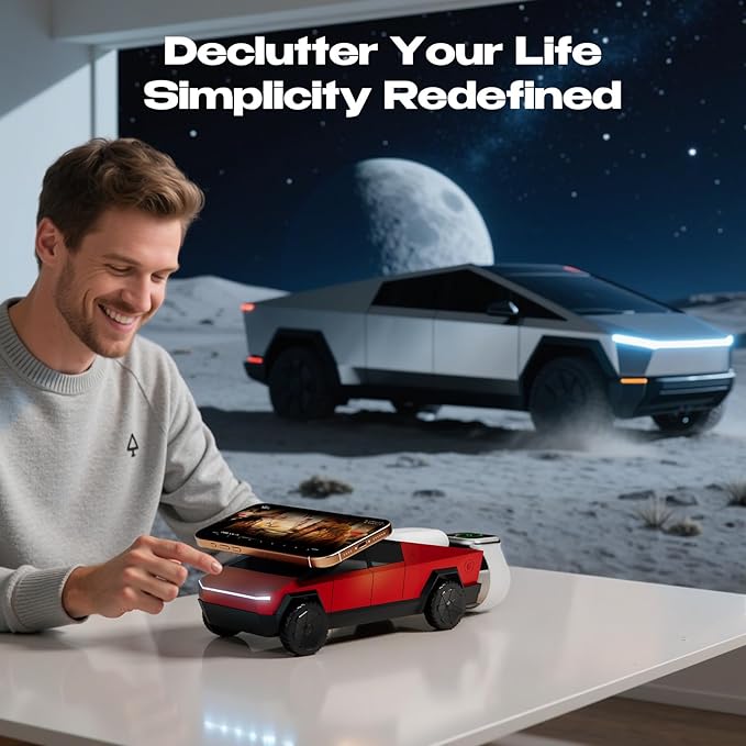 CyberDock 3-in-1 Wireless Charging Station for iPhone with Car Model 1:25 Scale, Qi2 Certified Mag-Safe Charger for iPhone iWatch AirPods, Rotating Charger with Ambient Light, 30W Adapter, Red