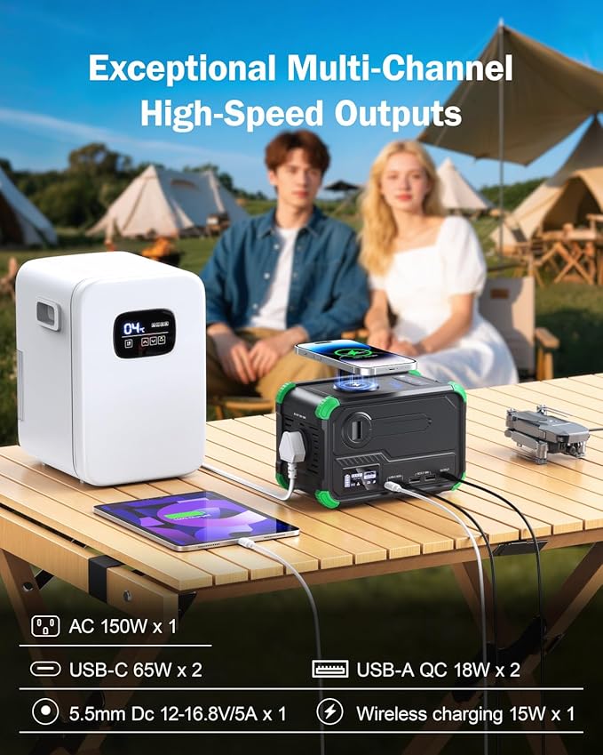 BROWEY Portable Power Station 153Wh Small Solar Generator with Hand Crank 120V 150W AC Outlet Lithium Battery Power Bank, Wireless Charging Emergency Charger for Outdoor Camping Travel Home Backup