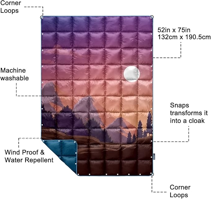 zzlamb Camping Blanket, Outdoor Lightweight Travel Blanket Puffy Portable Down Alternative, Windproof Warm Cloak with Snaps, Cozy Quilt Backpacking Picnic RV Plane Car Hammock Beach Climbing