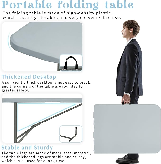 Folding Table 5FT Camping Table Portable Heavy Duty Plastic Rectangular Outdoor Dining Table Steel Legs Fold-in-Half with Carrying Handle for Indoor,Picnic,Party,Wedding,Events(Grey)