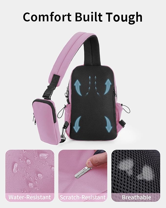 ECOHUB Crossbody Bags for Women Men, Anti-Theft RFID Blocking Roomy Sling Backpack with Sturdy SBS Zippers Water Resistant Chest Shoulder Bag Daypack with 9 Pockets Casual Outdoor Hiking, Pink