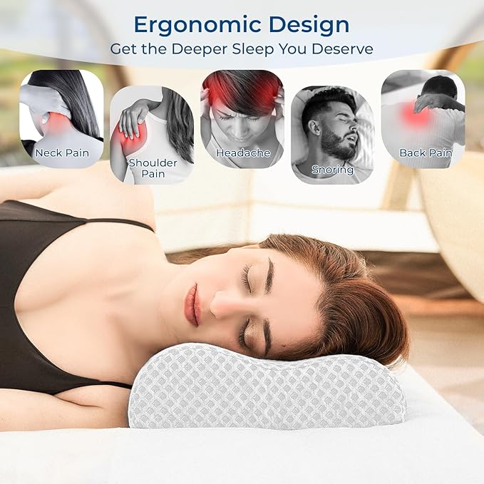 Travel Pillow Memory Foam Pillows, Ergonomic Wave Cervical Neck Pillow for Neck Pain Relief, Compressible Medium Firm Side Sleeper Pillow, Ideal for Camping, Office, Home & Bed (White, M)
