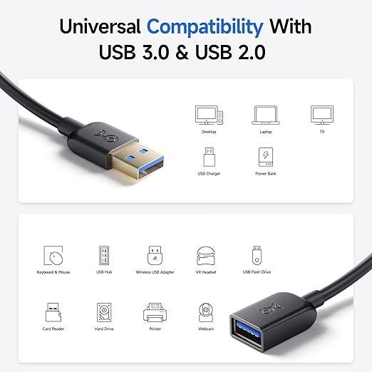 Cable Matters 2-Pack 5Gbps USB Extension Cable - 3ft, USB 3.0 Extension Cable, Male to Female USB3.0 Extender, Compatible with Webcam, VR Headset, Printer, Hard Drive, Black