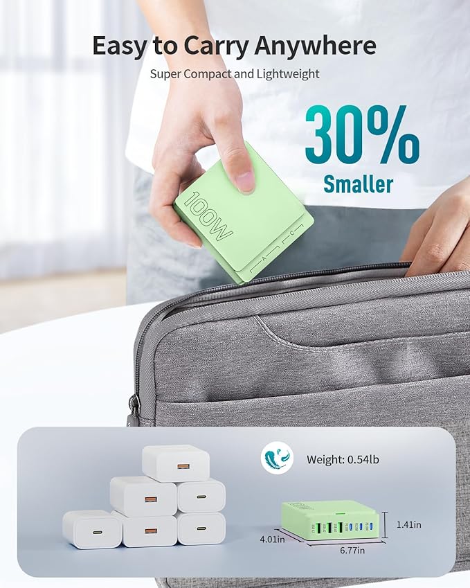 USB C Charger Block Charging Station: 100W 6 Port GaN Fast Charging Brick Hub Cube Box - PD 3.0 Type C & USB A Wall Charger Power Adapter for All iPhone 17 iPad Samsung Android Pixel Series