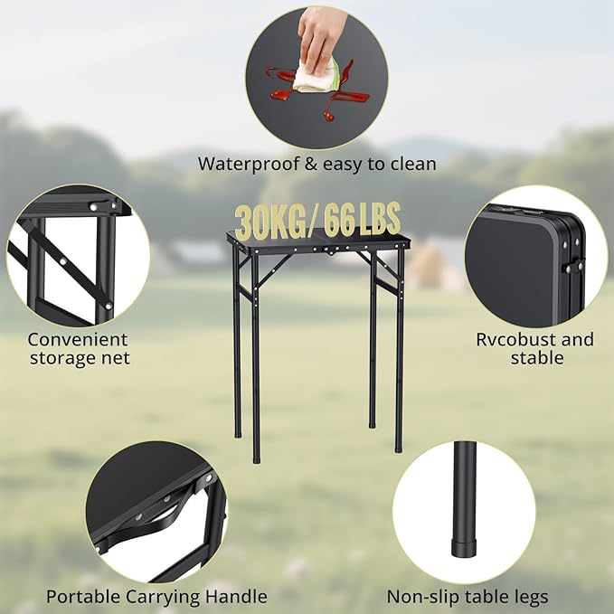2ft Folding Camping Table with Storage Net, 3 Adjustable Height Max 29.5" Aluminum Small Folding Table, Portable Handle, Lightweight, for Travel Outdoor Beach Picnic Camp, 23.2" x 16", Black