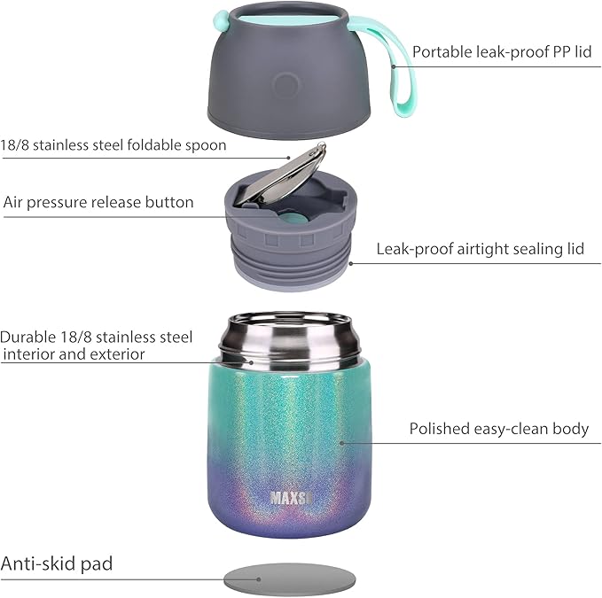 MAXSO Soup Thermo for Hot & Cold Food for Adults Kids, 17 oz Vacuum Insulated Steel Lunch Container Bento Box with Spoon, Leakproof Thermal Food Jar for School Office Travel - Rainbow