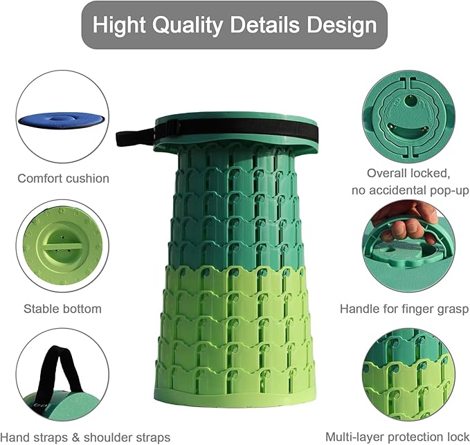 Upgraded XXL Collapsible Stool with Cushion,19.7"H-11.8"D Telescoping Folding Stool for Adults,More Sturdy Portable Camping Stools with Load Capacity 1000lbs for Outdoor,Garden,Fishing,Hiking