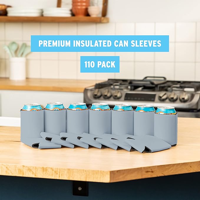 Blank Beer Can Cooler Sleeves (110-Pack) Soft Insulated Beer Can Coolies - HTV Friendly Blank Koolies in Bulk for Beer Cans & Bottles - Coolie Blanks for Vinyl Projects & Wedding Favors (Gray)