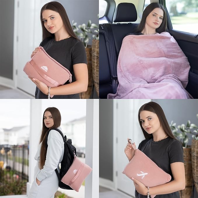 BlueHills Soft Travel Blankets Mini Value Pack Set of 2 - Premium Airplane Travel Essential Flight Blanket Throw in a case with Strap Compact for Car Plane Travel Gift – Pink and Royal Blue.