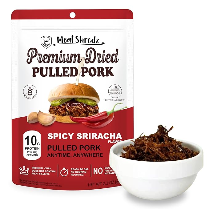 Meat Shredz - Premium Dried Pulled Pork (Sriracha Flavor, 1 Pack) | Gluten Free | High Protein & Low Sugar | Bacon Bits | Dehydrated Backpacking & Camping Food | Shredded, Dried Jerky Chew Snack