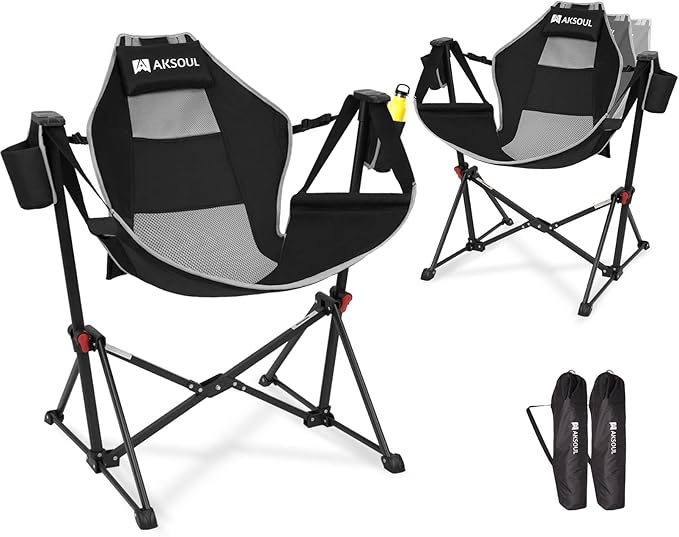 AKSOUL Hammock Camping Chair Swinging: Aluminum Alloy Adjustable Back Swinging Chair, Folding Rocking Chair with Pillow Cup Holder, Recliner for Outdoor Travel Sports Games Lawn Concerts Backyard
