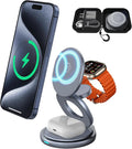 3 in 1 Wireless Charging Station for Apple Travel Charger for Multiple Devices Aluminum Alloy Foldable Magnetic Magsafe Charger 360 Rotating for iPhone 17/16/15/14/13/12 Series,for iWatch,for Airpods