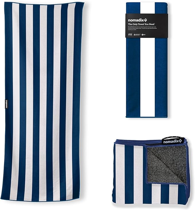 Nomadix Original Towel - Perfect for Beach, Pool, Travel, Camping, Yoga - Made with Recycled Materials - Super Absorbent - Sand Resistant - Cabana Stripe Dark Blue - 72.5x30