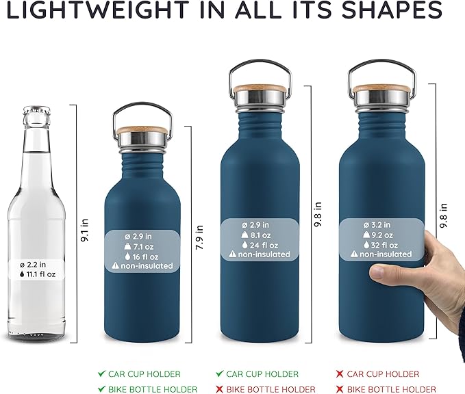 Bambaw Small Metal Water Bottle 16 oz, Navy Blue, Non-insulated Single Wall Stainless Steel, Reusable, No Straw Aegean Blue